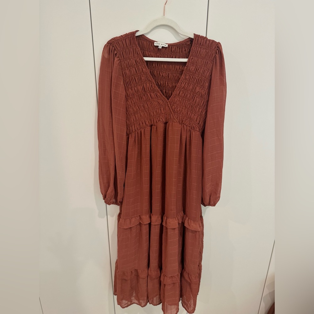 Moon River Smocked VNeck Midi Dress